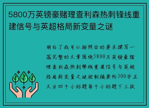 5800万英镑豪赌理查利森热刺锋线重建信号与英超格局新变量之谜