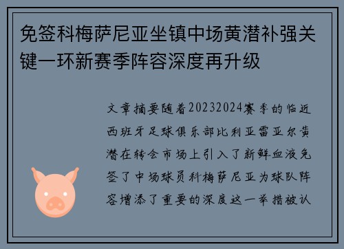 免签科梅萨尼亚坐镇中场黄潜补强关键一环新赛季阵容深度再升级