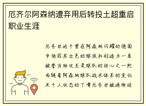 厄齐尔阿森纳遭弃用后转投土超重启职业生涯
