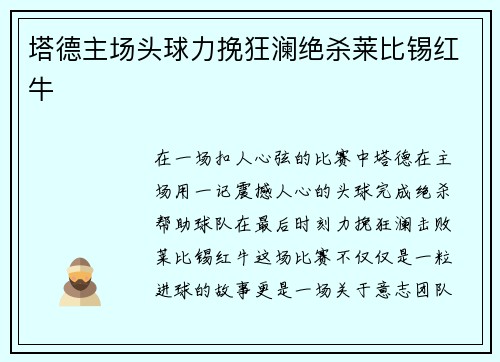 塔德主场头球力挽狂澜绝杀莱比锡红牛